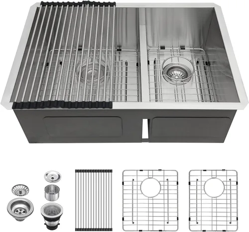 Vista 11 de Lordear Fregadero de cocina de 28 pulgadas de acero inoxidable de calibre 16 con doble plato y estación de trabajo de montaje inferior de 60/40