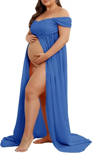 Vista 2 de Vestido de maternidad para sesión de fotos con hombros descubiertos, vestido de gasa con abertura frontal, maxi vestidos de embarazo para fotografía