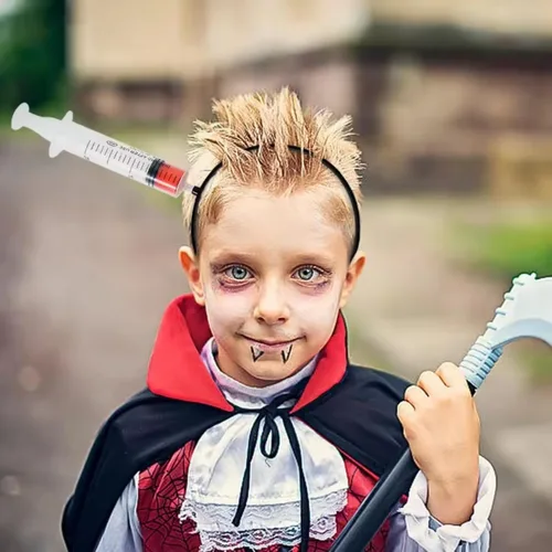 Vista 5 de Dzrige Accesorios de terror de Halloween, jeringa sangrienta, diadema de jeringa a través de la cabeza, diadema de jeringa aterradora