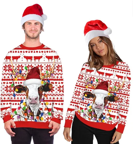 Vista 59 de Sudaderas de Navidad unisex con estampado 3D y cuello redondo, manga larga, suelta, suéter de Navidad