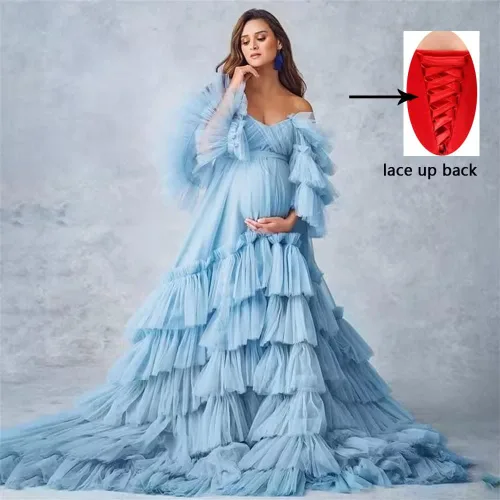 Vista 2 de Vestidos de maternidad de tul hinchado con volantes para sesión de fotos, hombros descubiertos, lencería nupcial, baby shower, bata de embarazo