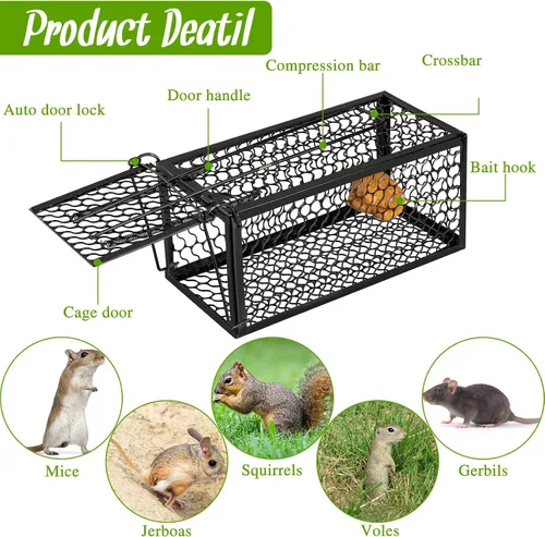 Vista 6 de Qualirey 1 Pieza Trampa Humana para Ratas Ardilla Listada Roedor Ratón Ardilla Trampa de 9.1 x 4.5 x 4.5 Pulgadas Animales Vivos Ratón Topillos