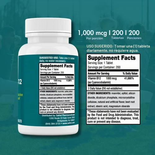 Vista 4 de Safrel Vitamina B12 1000 mcg, 200 tabletas de disolución rápida, fácil de tomar sabor a cereza B12 sublingual, suministro para 200 días