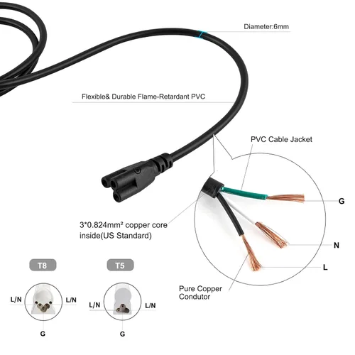 Vista 4 de Cables de extensión T5 T8 negros de 4 pies, cable de alimentación de luz de crecimiento, cables de conexión de lámpara de 48 pulgadas, conectores