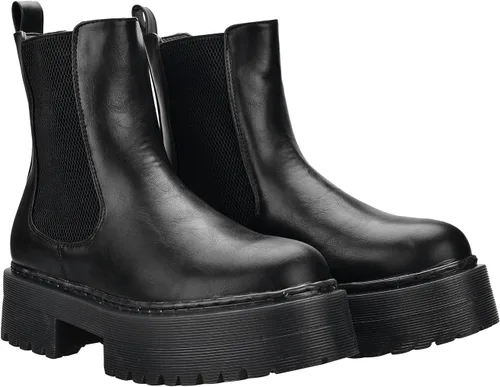 Vista 3 de KEIIYJ Botines Chelsea de tacón bajo con plataforma para mujer en negro (KEY6)