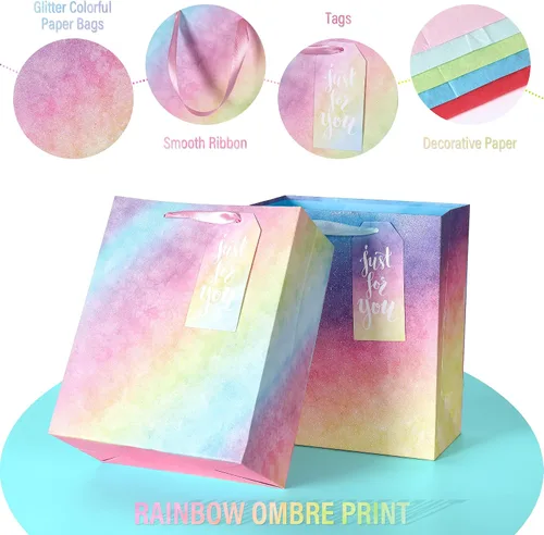 Vista 4 de Paquete de 4 bolsas de regalo con asas, bolsas de regalo de tamaño mediano degradado con purpurina con papel de seda, bolsa colorida de regalo