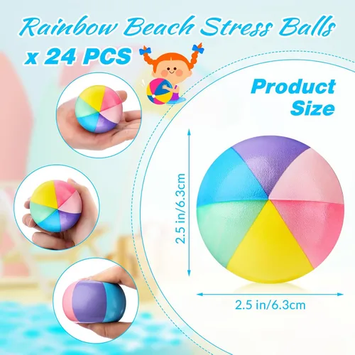 Vista 2 de Jerify - 24 mini bolas de estrés para playa de 2.5 pulgadas, espuma de arcoíris, recuerdos de fiesta Soft PU Foam Stress Relief, Colorful Toys for