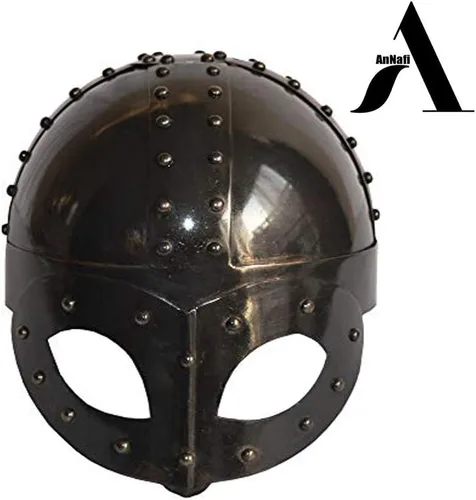 Vista 6 de AnNafi Casco de máscara vikingo medieval antiguo chapado en negro Yelmo de soldado de alta calidad para adultos con forro y correa Disfraces