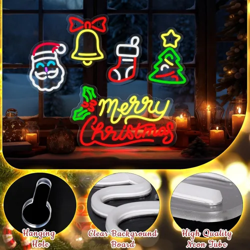 Vista 5 de 5 letreros de neón de Navidad con texto en inglés "Merry Christmas", campanas de Papá Noel, árbol de Navidad, luces LED, luces de neón de invierno