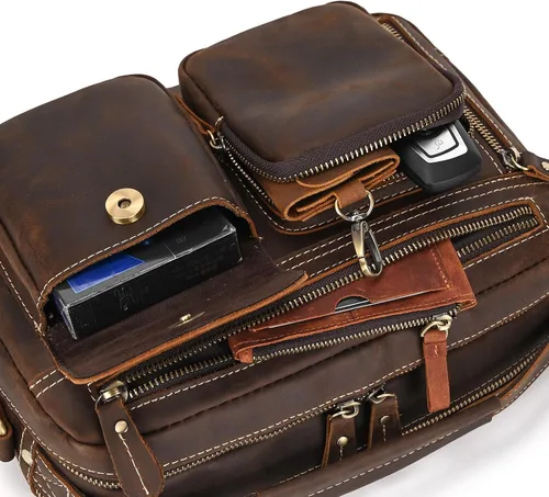 Vista 9 de Bolso bandolera de cuero para hombre, 11 pulgadas, bolso para computadora portátil, estilo vintage, de grano completo, para trabajo, viajes