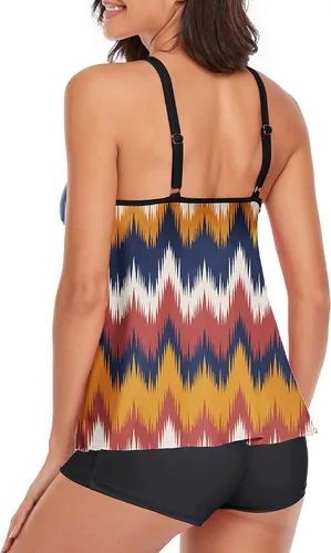 Vista 3 de Conjunto de tankini con control de abdomen para mujer, traje de baño de dos piezas, blusa sin mangas con pantalones cortos