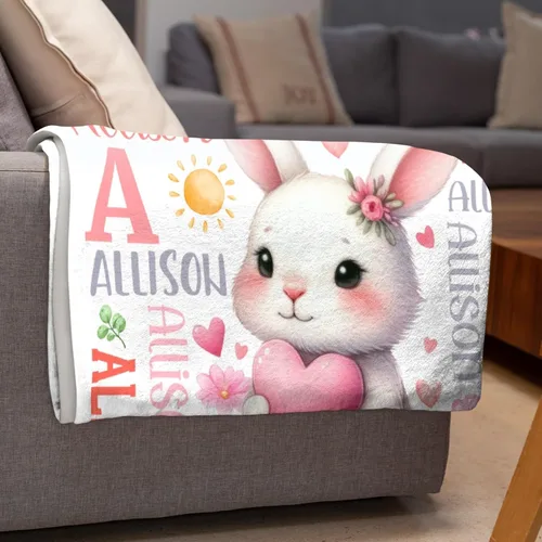 Vista 5 de Manta de conejo personalizada para niños y niñas, manta de bebé ultra suave, regalo personalizado, decoración de manta con nombre, 30 x 40 pulgadas