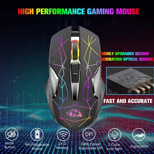 Vista 2 de Ratón inalámbrico para juegos recargable con retroiluminación RGB de arcoíris silencioso, 2.4 G, sensor óptico de 3 niveles DPI, computadora