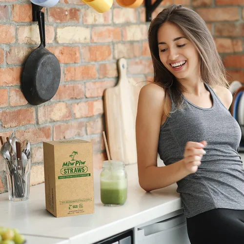 Vista 6 de Juego de 200 pajitas de coco biodegradables, desechables, sin plástico, ecológicas de fibra de coco a granel para bebidas frías y calientes