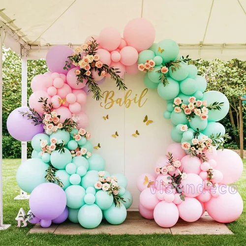 Vista 7 de Kit de arco de globos rosa, morado y verde menta, globos pastel de doble relleno con mariposas doradas para baby shower, cumpleaños de niña, tema