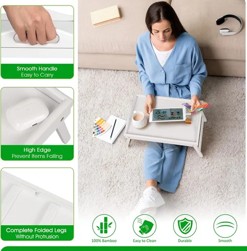 Vista 4 de Bandeja de cama con patas plegables y asas, bandeja de comida para desayuno, uso en sofá, cama, para comer, dibujar, servir alimentos, como