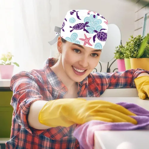 Vista 5 de 2 gorras de trabajo para mujer con botón Ocean Turtle cubierta de pelo largo cinta con cordones