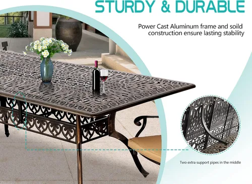Vista 6 de TITIMO Mesa de comedor de 87 pulgadas, mesa de comedor rectangular de aluminio fundido para exteriores, mesa resistente a la intemperie con agujero