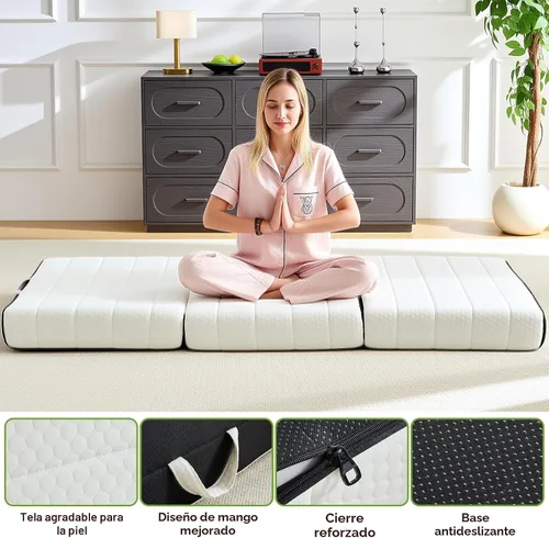 Vista 6 de ROXGOX Colchón Plegable, Cubrecolchón de Espuma Viscoelástica Twin de Triple Pliegue con Funda Lavable, Asa y Parte Inferior Antideslizante, Cama