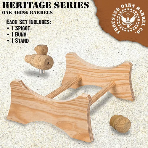 Vista 3 de Soporte de madera, 3/4" Bung and Spigot para barril de envejecimiento de roble de 2.5 galones (10 litros) - Heritage, soporte para barriles