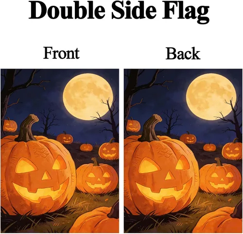 Vista 2 de Bandera de Halloween de Halloween con diseño de calabaza de murciélago y luna, cementerio, jardín, patio, 12 x 18 pulgadas, doble cara decorativa