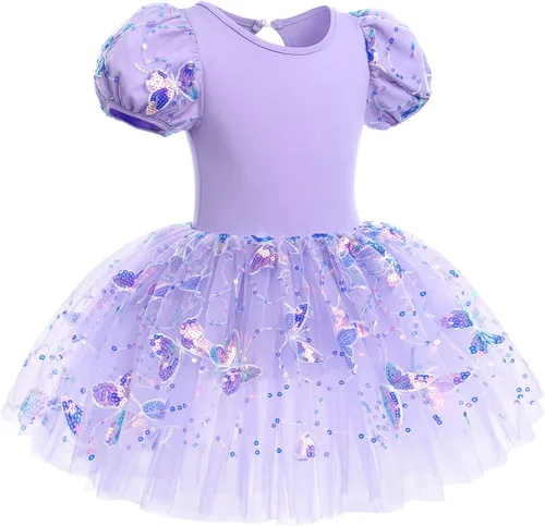 Vista 3 de Leotardos de ballet para niñas, 4 colores, mariposa, lentejuelas brillantes, vestido tutú de baile, manga abombada, ojo de cerradura en la espalda