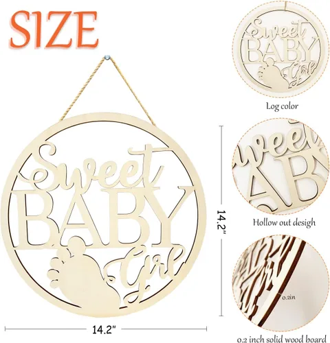 Vista 2 de Letrero de madera para niña con texto en inglés «Sweet Baby Girl», decoración para colgar en la pared para recién nacidos, revelación de género