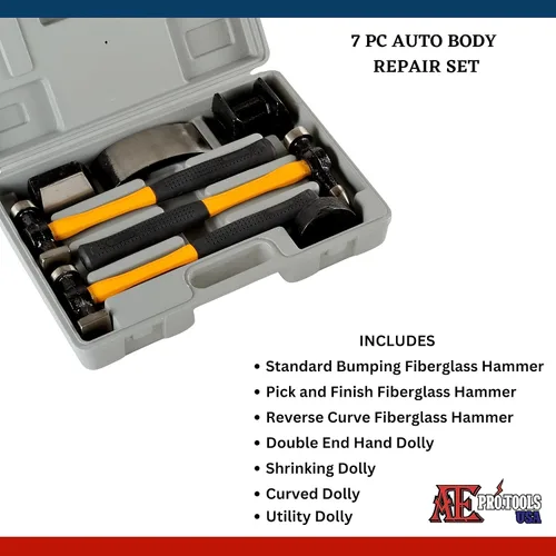 Vista 2 de ATE Pro. USA - 7pc Heavy Duty Auto Body Hammer y Dolly Kit, Herramientas de reparación de carrocería automática