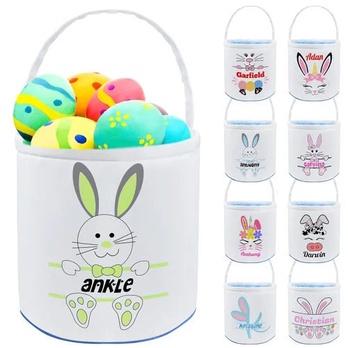 Vista 15 de Cesta de Pascua personalizada con nombre, bolsas de lona personalizadas para niños, cestas de Pascua para bebés, niños y niñas, color azul