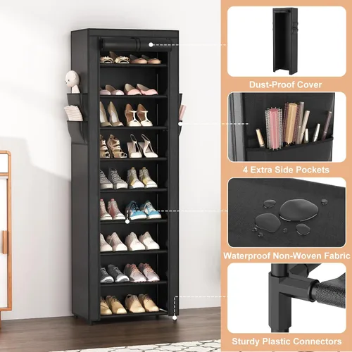 Vista 4 de Zapatero con cubierta, organizador de zapatos estrecho con 4 bolsillos laterales, estante alto de 10 niveles, almacenamiento para 18-22 pares