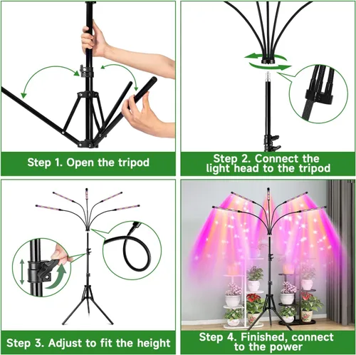 Vista 6 de Garpsen Luz de crecimiento con soporte, luces de cultivo de 5 cabezas para plantas de interior, luz de planta LED de 100 diodos de espectro completo
