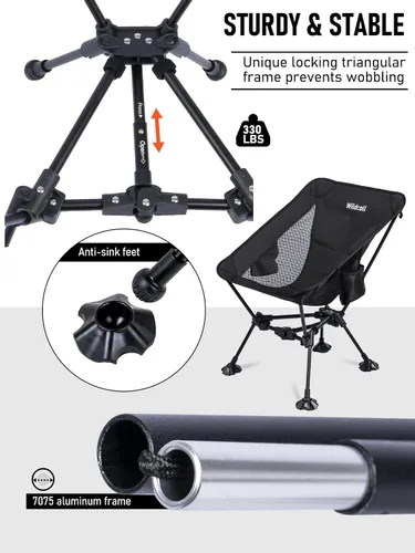 Vista 5 de WildCall Silla de camping plegable y ligera, silla de playa compacta con pies grandes que no se hunden