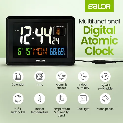 Vista 5 de BALDR Relojes Atómicos para Dormitorios Pantalla Digital Grande - Negro - Reloj de Escritorio con Temperatura Interior y Humedad, Reloj de Mesa