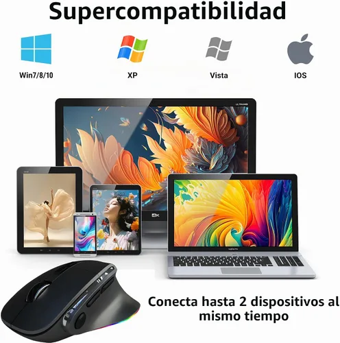 Vista 4 de Ratón ergonómico con forma de manos medias, modo dual (Bluetooth+USB), recargable con túnel carpiano vertical Bluetooth inalámbrico