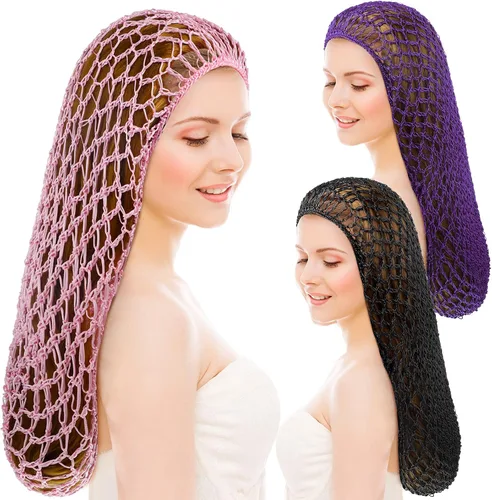 Vista 9 de Waydress 3 piezas de malla de ganchillo para el pelo de rayón de punto de redecilla de 20 pulgadas, gorro de dormir de ganchillo para mujer, pelo