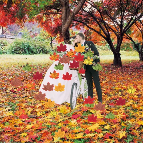 Vista 7 de 500 hojas de arce artificiales de otoño, hojas de arce artificiales a granel para manualidades, bodas, festivales, decoraciones de fiesta de Acción