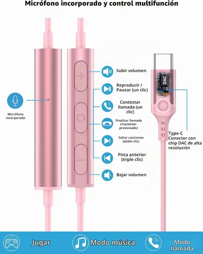 Vista 3 de Auriculares USB C para Samsung S26 S25 FE S24 A16 A17 Z Auriculares con Rosa