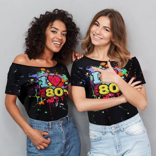 Vista 6 de Geyoga Disfraz de los años 80 para mujer, talla grande, ropa de gran tamaño, color neón de los años 80 con hombros descubiertos