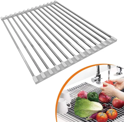 Vista 7 de LUEXBOX Escurridor extensible para secar platos sobre el fregadero, cesta escurridor de acero inoxidable con brazos ajustables para verduras y Gris