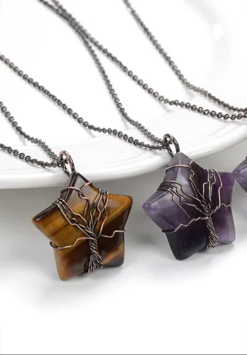 Vista 4 de Collar con colgante de estrella de cristal envuelto en alambre de árbol de la vida, collar de piedra curativa Reiki, joyería para mujer