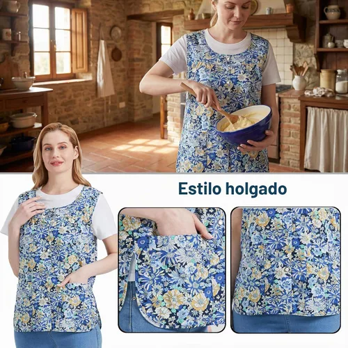 Vista 3 de Nanxson Delantal de mujer con bolsillos de parche, babero estampado de algodón, smock con botones para trabajo, cocina y chef CF3177 Azul