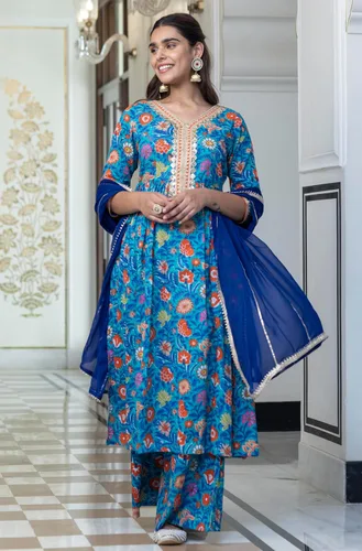 Vista 3 de Janasya Kurta con estampado étnico de algodón azul cielo para mujer con palazzo acampanado y dupatta