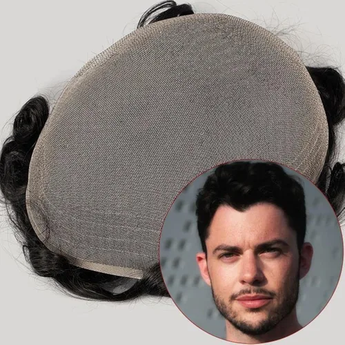 Vista 7 de Amiable Toupee para hombres, cabello humano, encaje francés, sistemas de reemplazo de cabello para hombre, suave blanqueado, frontal, aspecto #1