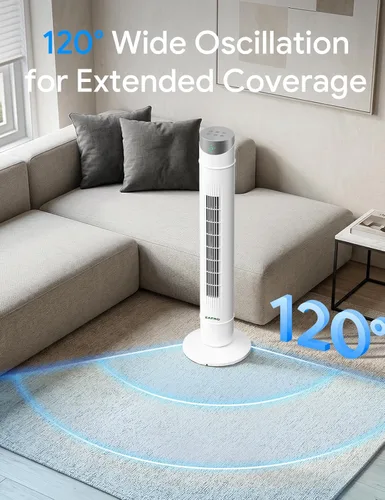Vista 6 de ZAFRO Ventilador de torre inteligente para dormitorio, ventilador de torre oscilante de 120°, 28 pies/s de alta velocidad, 12 velocidades, 4 modos
