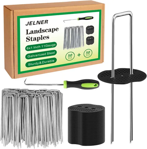 Vista 9 de JELNER Estacas de Jardín, grapas de paisaje galvanizadas de 15 cm, calibre 11, 20 unidades + 20 juntas + 1 gancho de pico, estacas para carpas, tela