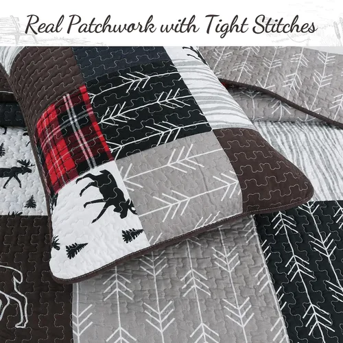 Vista 2 de Cozy Line Home Fashions True Patchwork Lodge - Juego de ropa de cama reversible de cabaña rústica, colcha (Moose, individual, 2 piezas)