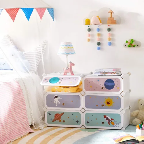Vista 2 de SONGMICS Zapatero para niños con puertas, organizador de almacenamiento apilable de 6 ranuras, armario de plástico, juguetes, libros, ropa, 12.2 x