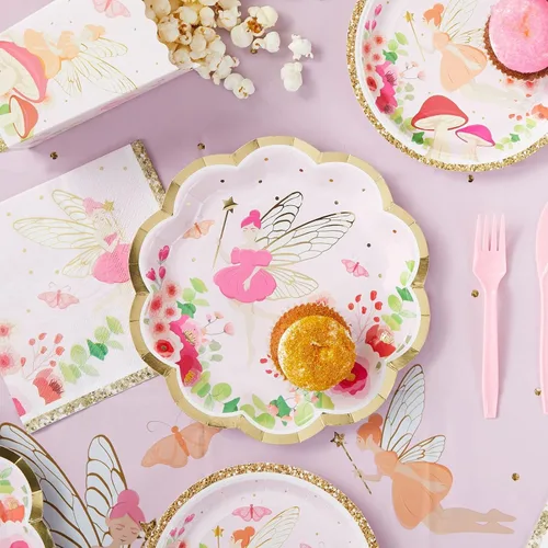 Vista 2 de Sparkle and Bash Platos de hadas – Papel de 9 pulgadas, floral, paquete de 48 – Platos temáticos de hadas, platos de cena y postre para niñas