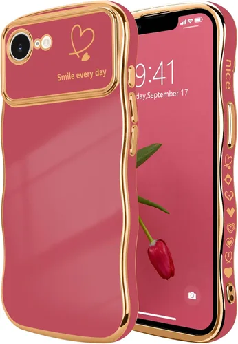 Vista 129 de LCHULLE - Funda para iPhone Air, linda para mujeres y niñas, con forma de onda, color azul bebé Luxury Plating Curly Wavy Frame with Love Heart