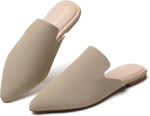 Vista 21 de Tilocow Mules para mujer, cómodos mocasines puntiagudos, sin espalda, planos, zapatos casuales de negocios, deslizantes, sin cordones beige
